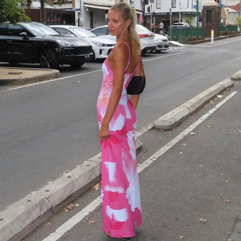 Sexy Party Maxi Dress For Women Summer Fashion Print Sleeveless Backless Bodycon Casual Club Elegant Strap Dress